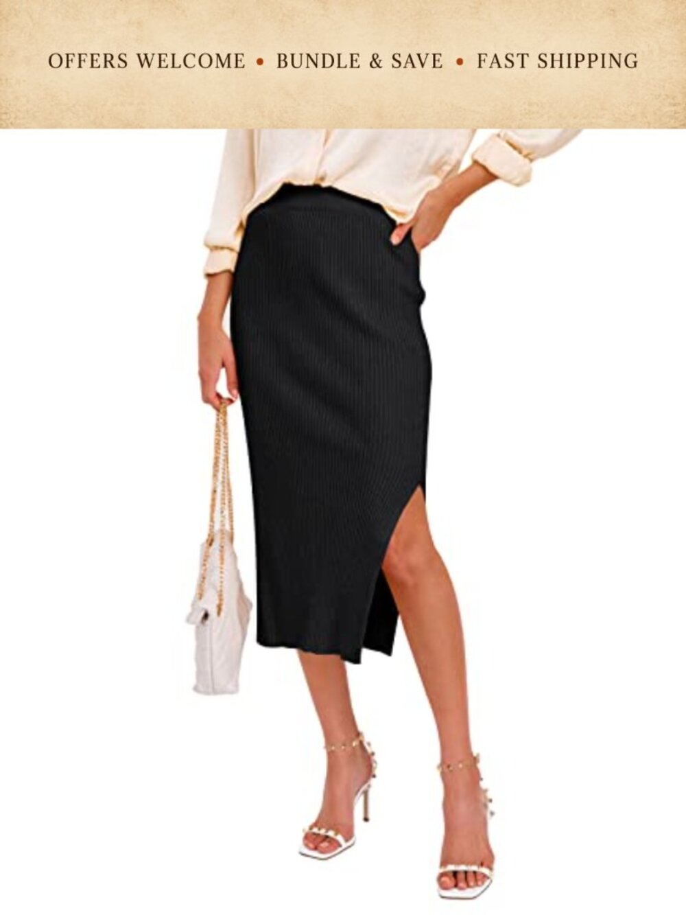 Women's Midi Ribbed Knit Pencil Skirt High Waist Side Split Stretchy